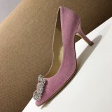 TOP Manolo Blahnik HANGISI GLITTER Fabric Jewel Buckle Pumps