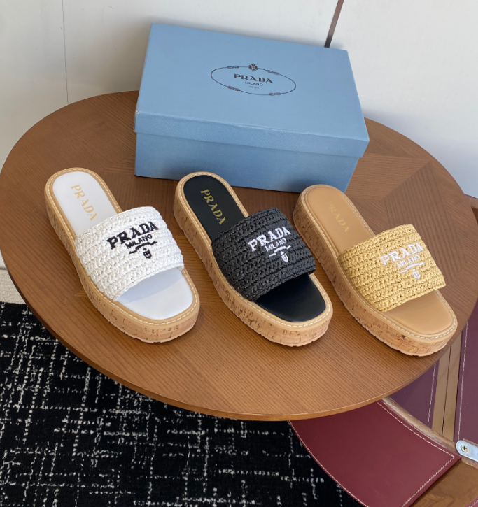 Prada Raffia Cork Flatform Slide